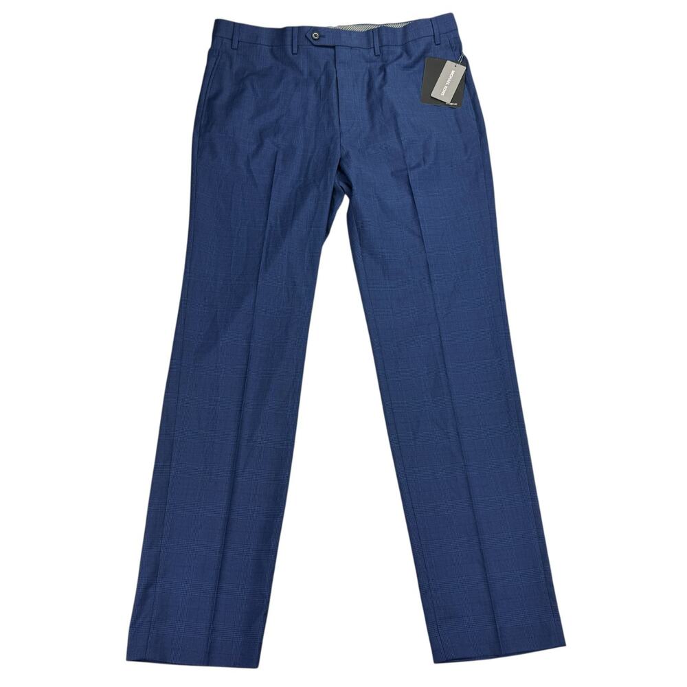 Michael Kors Mens Marvin Classic Fit Plaid Stretch Dress Pants Navy Blue 38x34